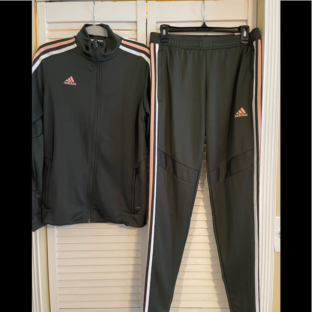 Green Adidas Track Top with matching Tapered style pants